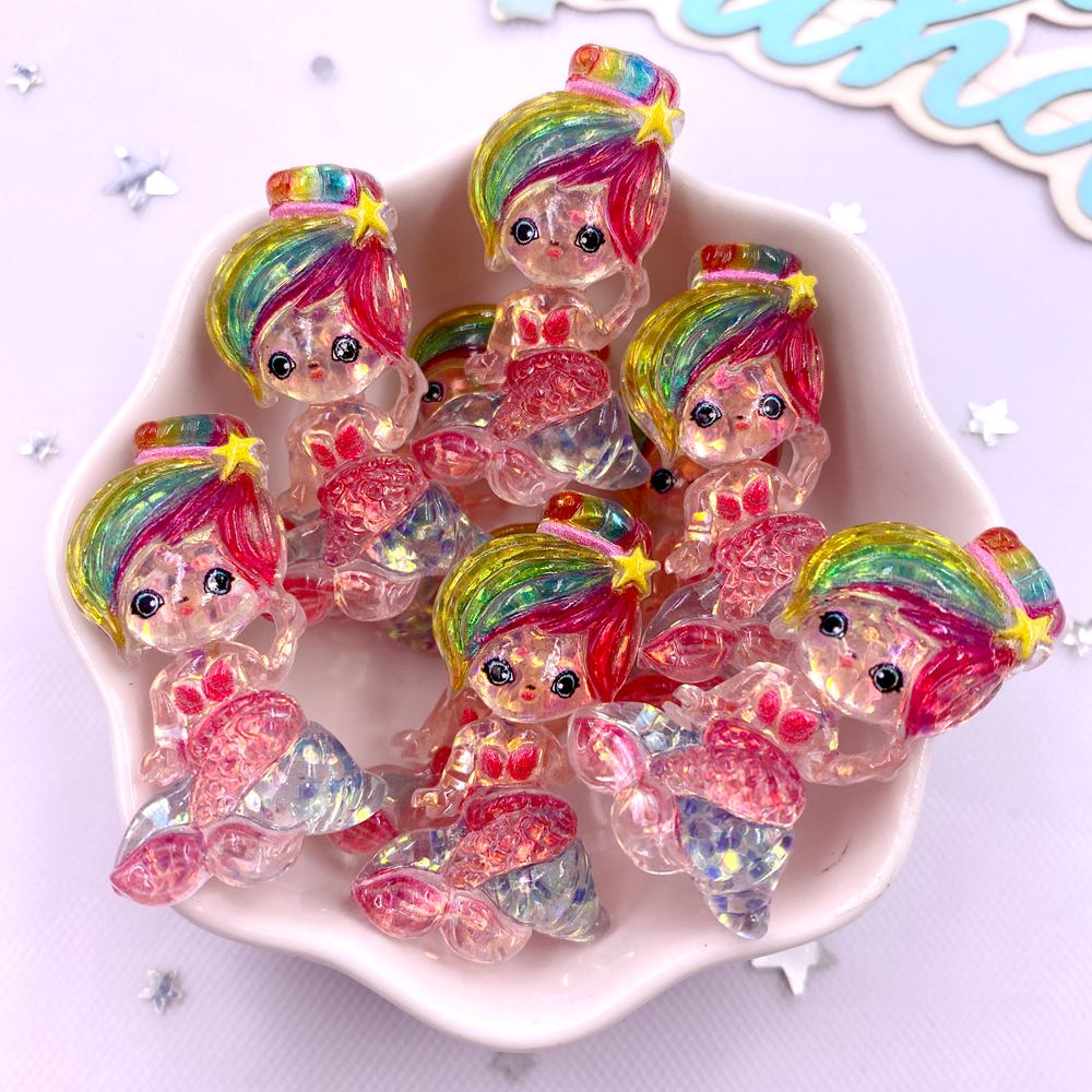 Resin Colorful Cartoon Glitter Mermaid Princess Girl Flatback Christmas Figurines 10PCS Scrapbook DIY Bow Accessory Decor Crafts