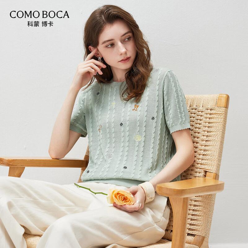 Women s Embroidered Cotton Silk Short Sleeve Knit Top M