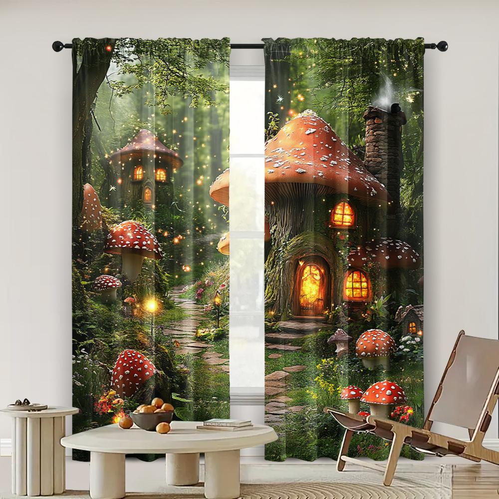 2pc, Drapes Forest Mushroom Wonderland Versatile Polyester Fabric,Without Electricity Party Decorations Use for Indoor