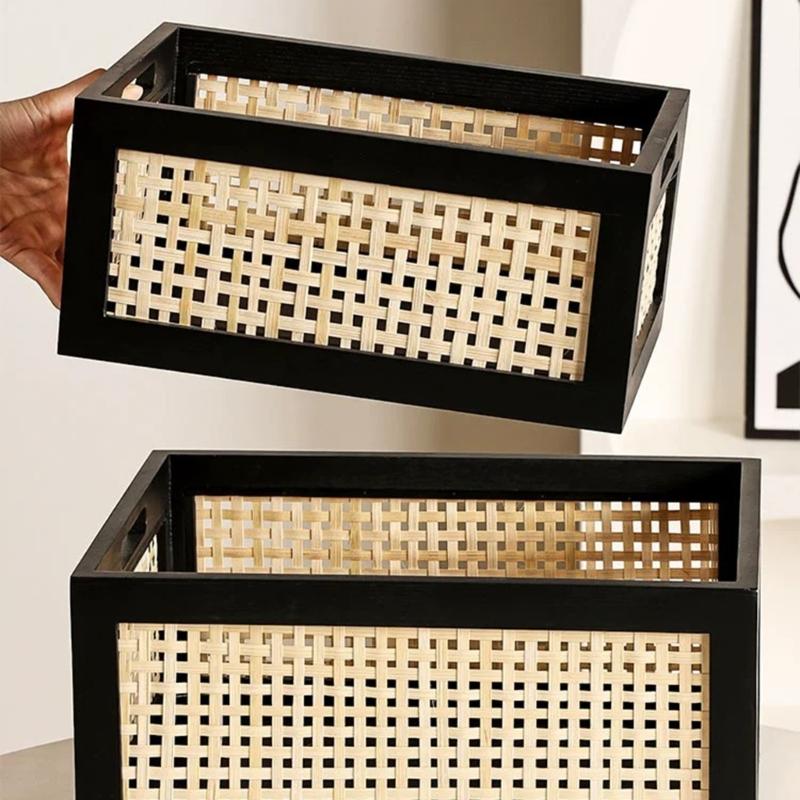Robusto Cesto portaoggetti in Legno e Bambù Con Disegni Intrecciati a Mano Adatto come Accessorio per Armadi per l'Organizzazione della Casa Uso Quotidiano