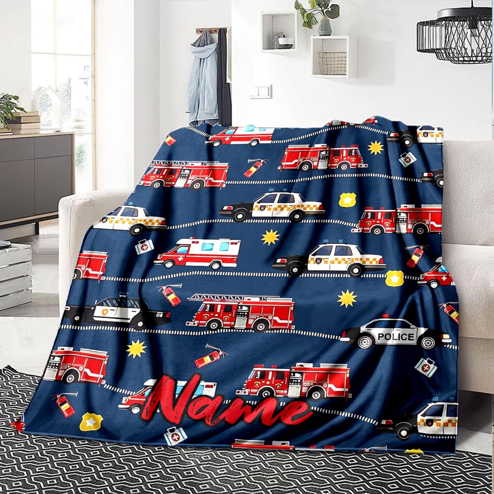 Custom Name fire truck Theme Printed Blanket - Perfect for Couch, Bed, Travel & Outdoor Use | Machine Washable, Cozy & Durable.