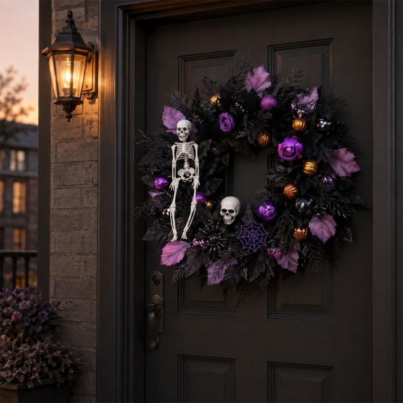 Halloween Front Door Wreath, Artificial Floral Wreath with Black Purpler Leaves Hanging Decoration for Front Door Entryway Wall