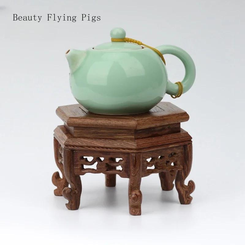 Chicken wing wooden hexagonal platform base Purple clay teapot holder Vase base Living room desktop balcony home decoration