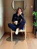 Luxurious Dark Blue Knit Cardigan & Wide-Leg Pants Set for Fall/Winter - Elegant & Slimming Two-Piece Fashion Ensemble