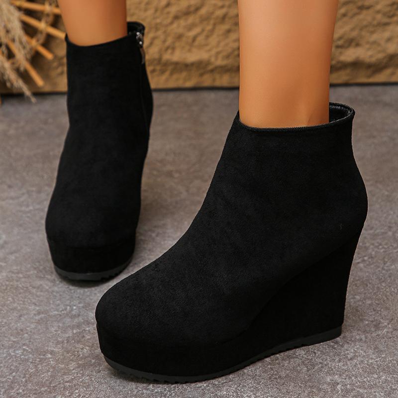 Fashion Black Wedge High Heel Ankle Boots Women Faux Suede Chunky Platform Boots Woman 2025 Plus Size 35-42 Zipper Short Booties Mujer
