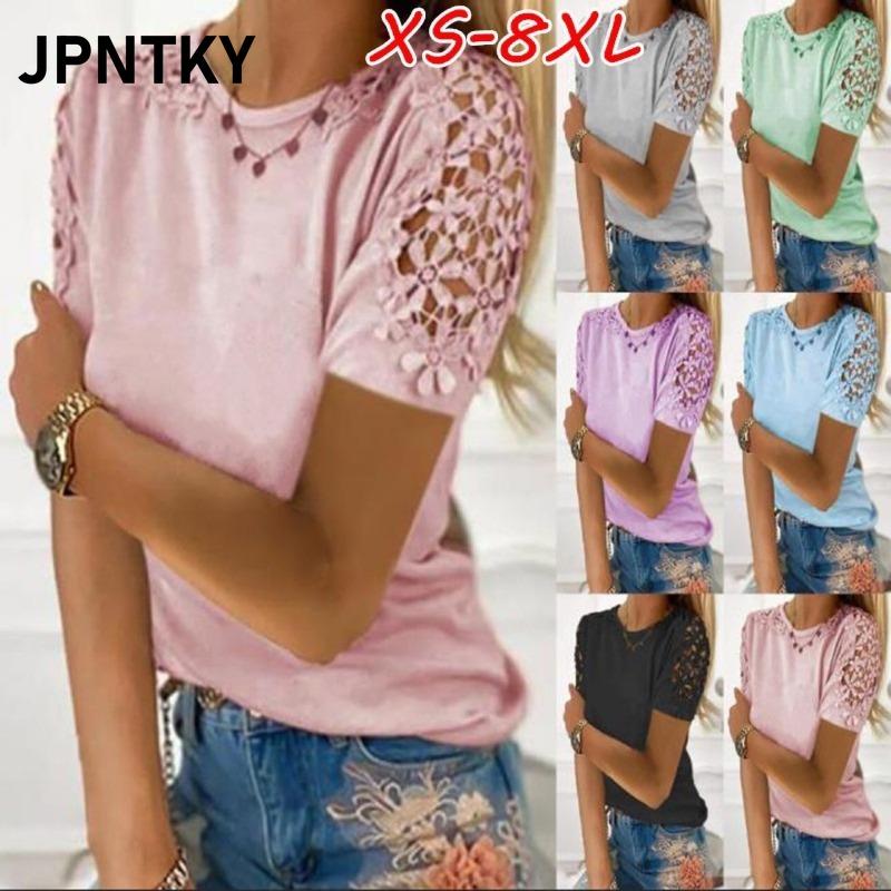JPNTKY Women's Fashion Casual Solid Color Print Short Sleeve O Neck Blouses & Shirts