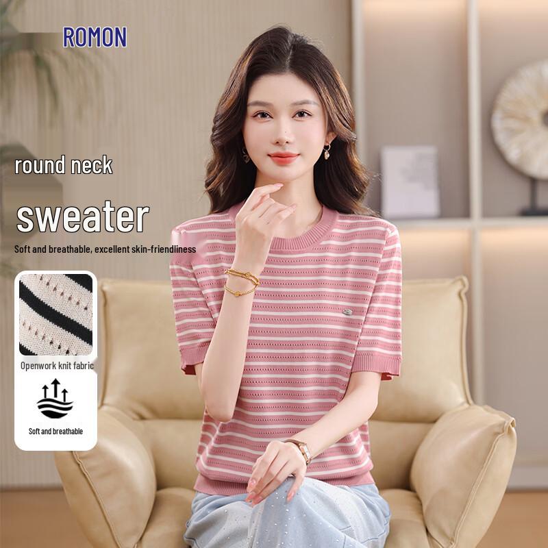 ROMON Women s Striped Hollow-Out Knit Half Sleeve Top XL