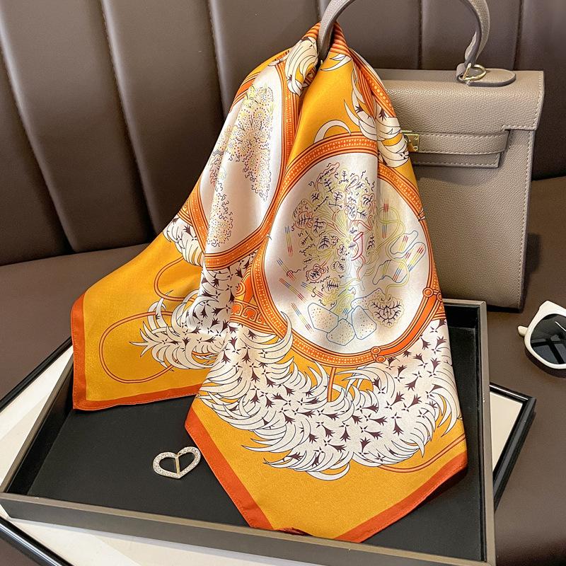Blue Cherry Blossom Chessboard Mulberry Silk Scarf Female Simulation Silk Scarf Decorative Scarf Mom Shawl 70Cm Square Scarf