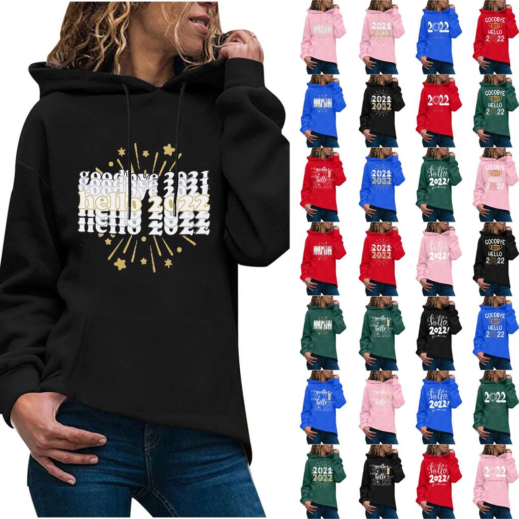 Women's Fashion Casual  New Year Print Hooded Sweatshirt Loose Sports Pullover