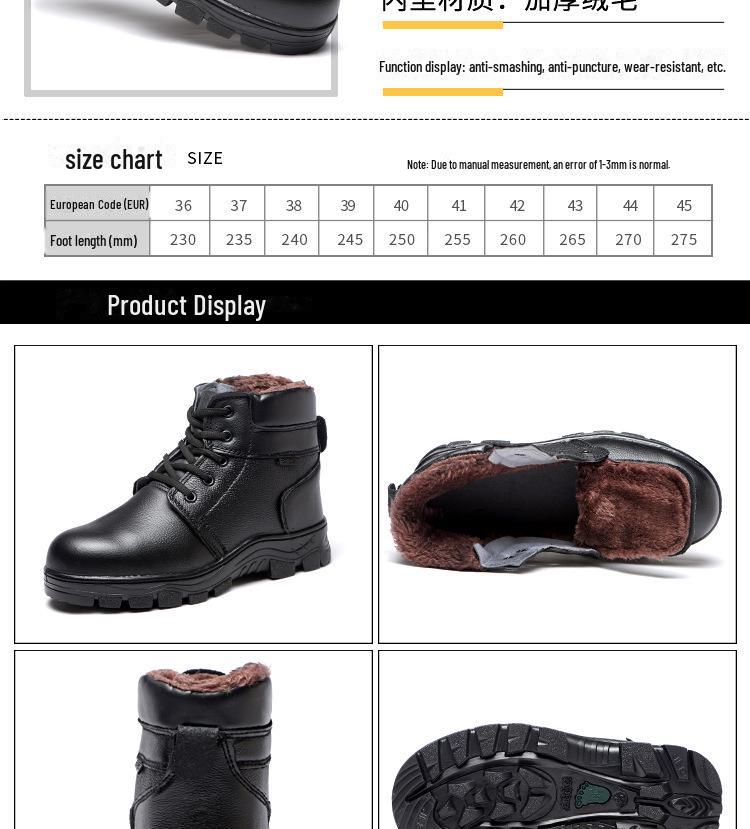 Pánské nepromokavé kožené bezpečnostní boty, vysoké s velurovou podšívkou, proti nárazu, proti propíchnutí, zimní pracovní obuv.