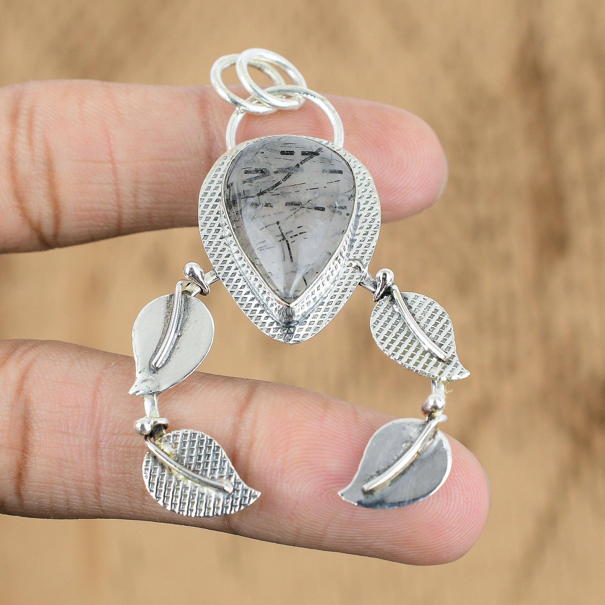 

Womens day Sale Pear Black Rutile Gemstone Wife Pendant Jewelry Sterling Silver