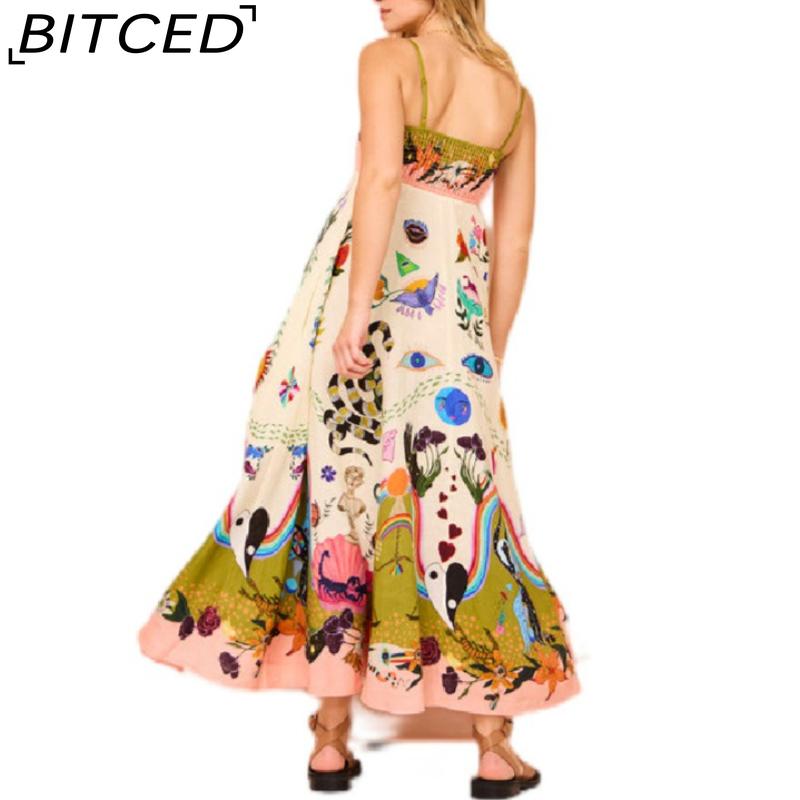 BITCED Spring/Summer Casual Maxi Dress for Women Spaghetti Strap Printed Linen 9 Colors Full-Skirted Dress