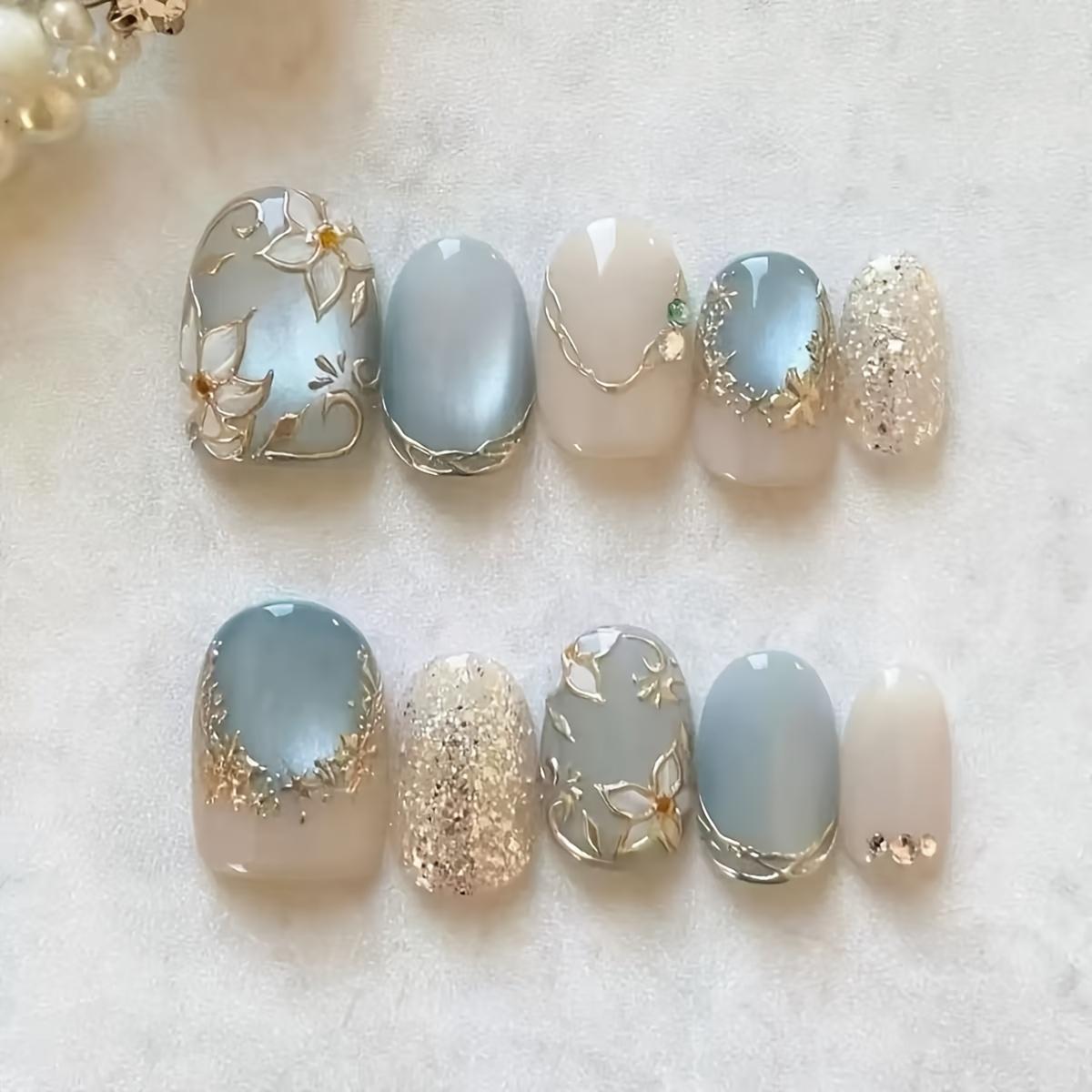 1PC Light Blue Gilt Cat Eye Three-dimensional Short Fog Gold Flower Light Luxury Cat Eye Advanced Sense Wearing Armor