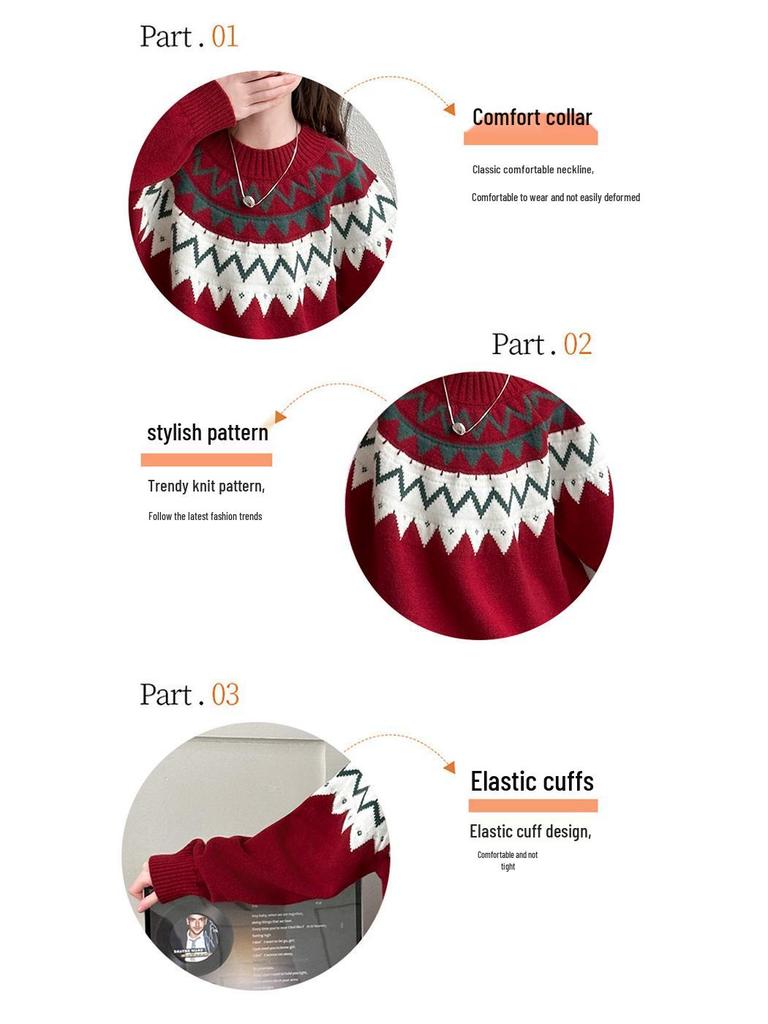 Girls' Fair Isle Red Knitted Sweater - Round Neck, Long Sleeve, Chunky Knit, for Autumn/Winter 2025, Mid & Big Kids Casual Jumper.