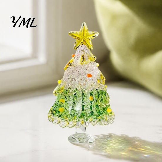 Decorative Christmas Collectibles Hand Blown Glass Tree Figurine, Mini Tabletop Seasonal Window Display Decor Xmas Ornament, Handmade Desktop Holiday
