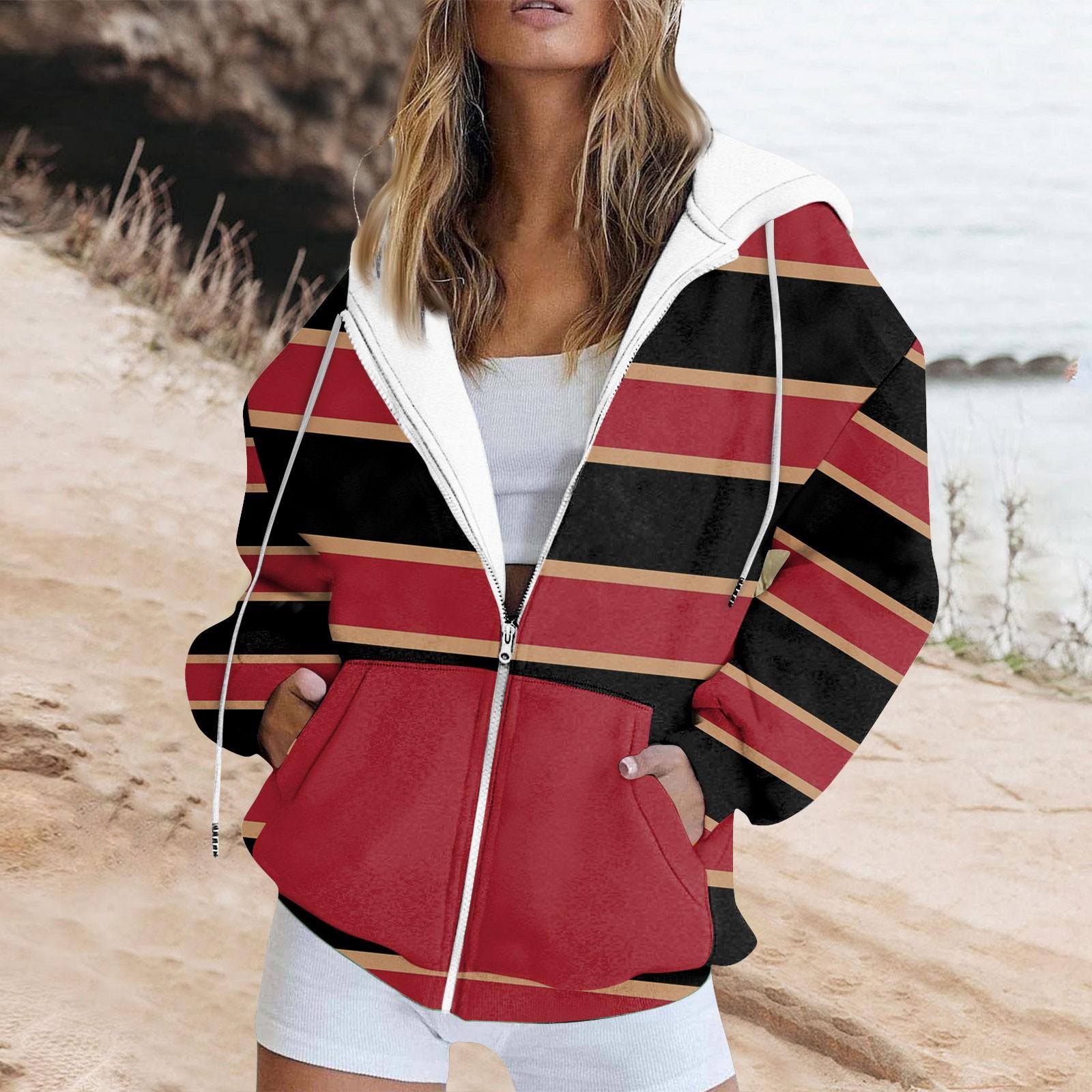 

Женская толстовка с длинными рукавами в полоску с принтом пэчворк, карман на молнии, куртка с капюшоном M винный