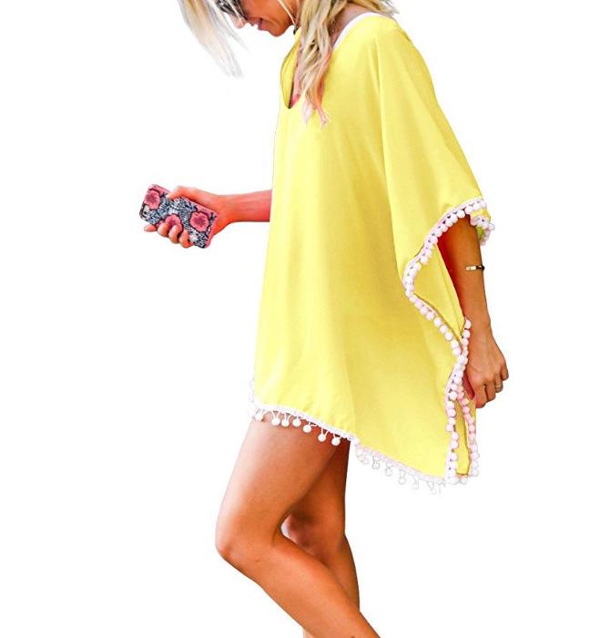 Chiffon Tassel Beach Cover-up: European & American Style with Fur Ball Accents