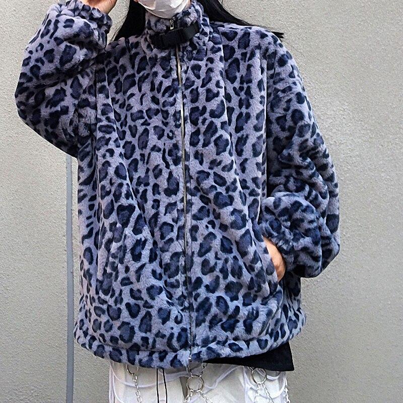 Faux Wollmantel Frauen Winter Blau Leopard Faux Pelzmantel Gepolsterte Jacke Koreanische Lose Plus Samt Street Coat