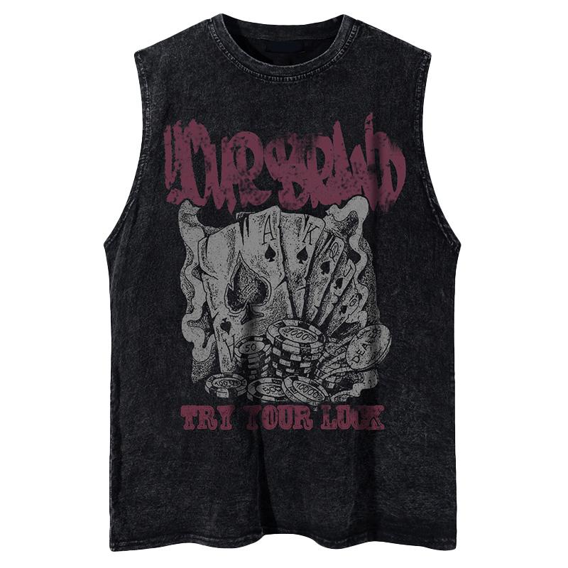 American Vintage Poker Print Washed Cotton Gym Tank Tops Mens Casual Short-Sleeved Vest Loose Oversized Summer