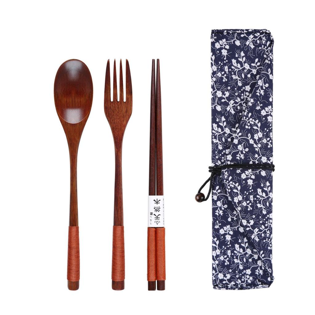 Wooden Chopsticks Spoon Fork Set Student Tableware Convenient Spoon Fork Chopsticks Set