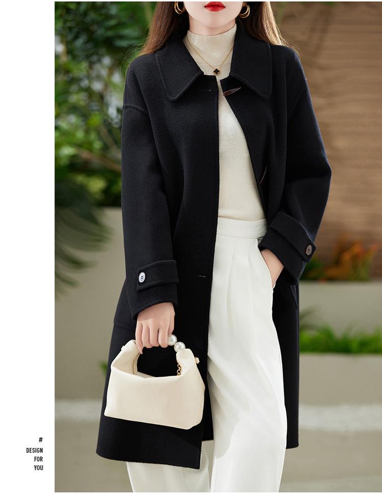 Women's Slim Fit Long Wool Coat with Wide Lapel and Toggle Closure - Double-Faced Woolen Overcoat for Autumn/Winter