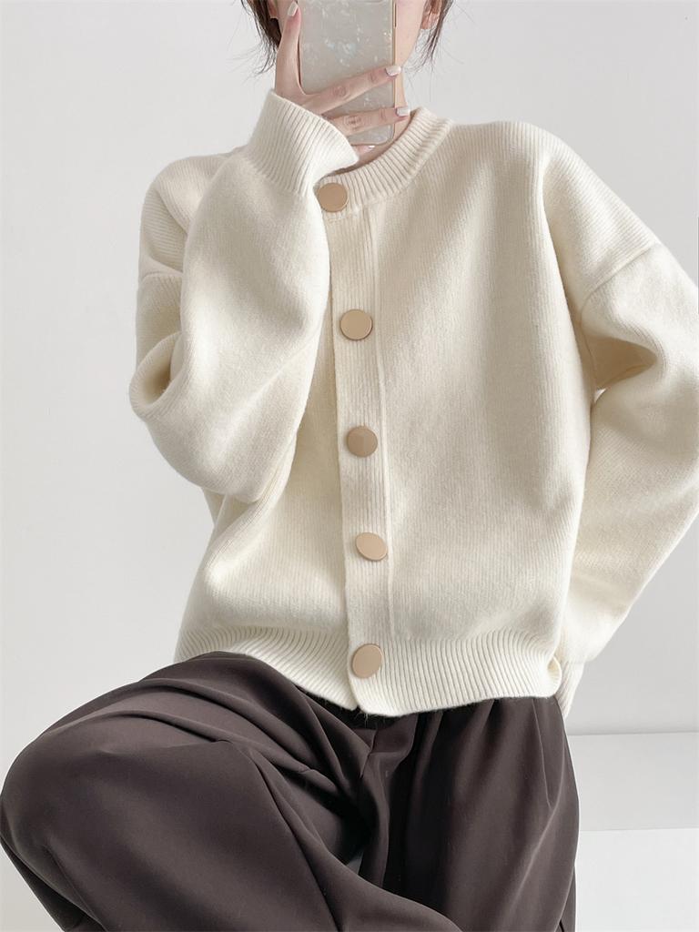 Design Sense Single-breasted Solid Color Knitted Sweater Women's Spring Coat Cardigan Lazy Loose Crew Neck Top