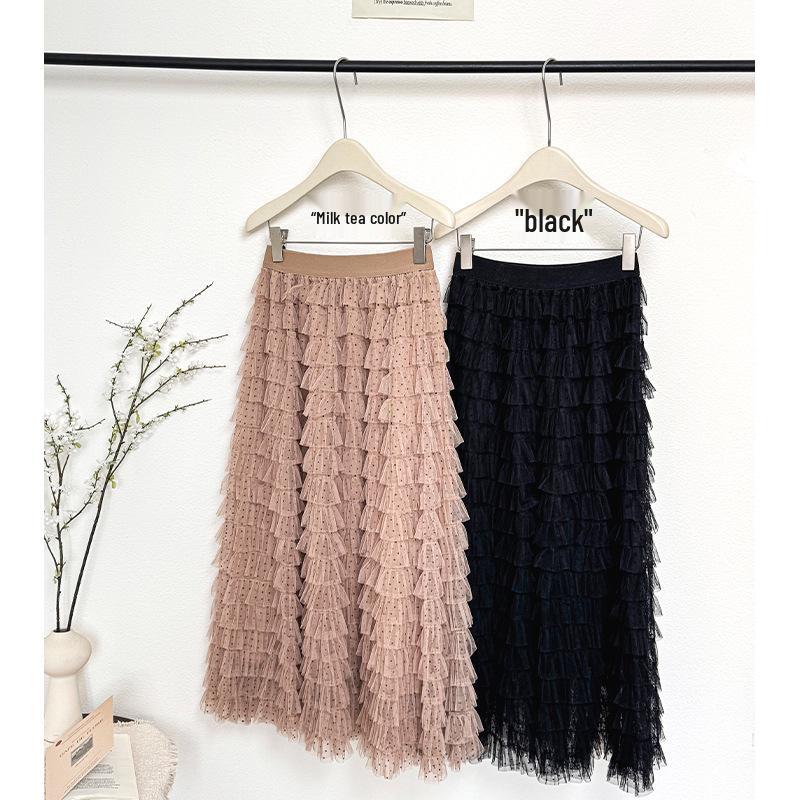 Polka Dot Mesh Fairy Fluffy Long Skirt - 2026 Spring/Summer High Waist A-line Layered Skirt for Women One Size