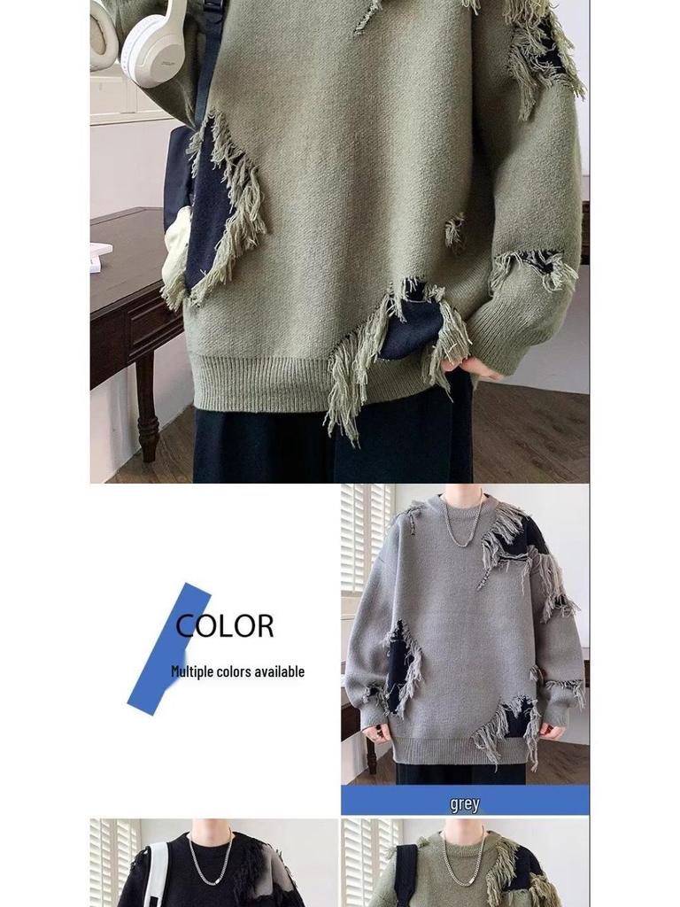 Unisex Trendy Ripped Knit Cardigan: Loose, Round Neck Sweater for Autumn/Winter