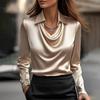 New Elegant Long Sleeve Casual Office Swinging Collar Womens Blouse 2026 Spring Cowl Neckline Fashion Autumn Shirts Solid Color Tops Simple Clothing