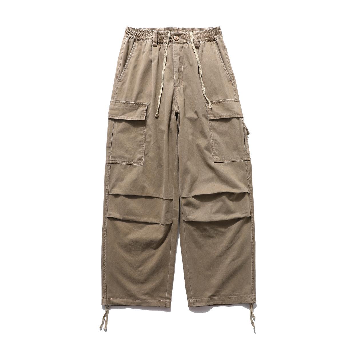 Men s retro washed tooling casual pants loose wide-leg trousers S хаки