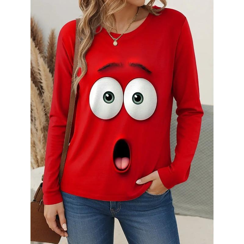 3D Lustiges Gesicht Grafik Bedrucktes Oberteil Lässige Langarm Damen T-Shirts - Weicher Mitteldehnbarer Polyesterstoff Frühling und Herbst Relaxed Fit Kleidung