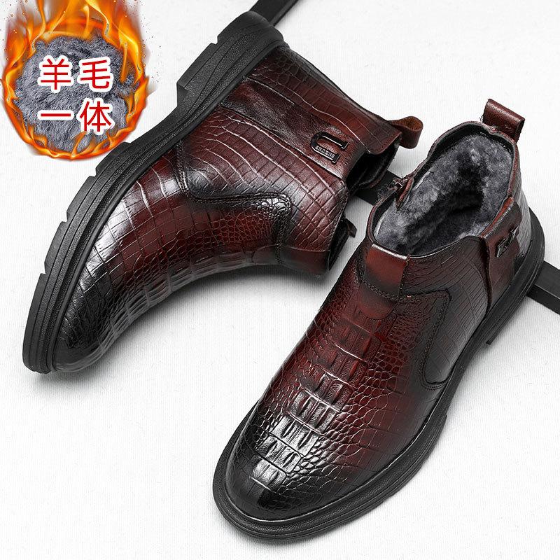 Winter men's cotton shoes leather high-top velvet outdoor casual men's shoes warm sheepskin fur integrated snow boots men's