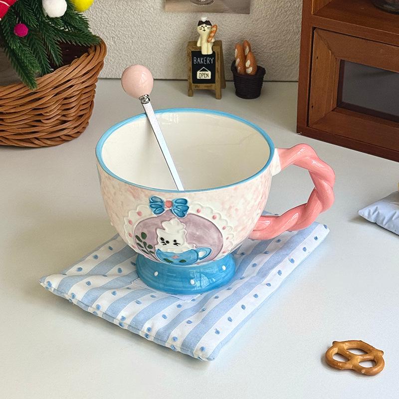 High-value underglaze color relief breakfast oat cup girls large-capacity ceramic mug birthday gift souvenir