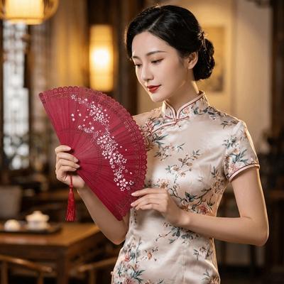 Vintage Carved Hollowed-Out Fan with Tassel Classical Cherry Blossom Fan Natural Flower Pattern Bamboo Folding Fan