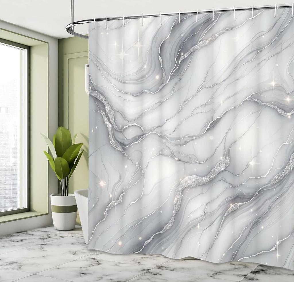 Grauer Duschvorhang, Modernes Abstraktes Marmor-Print-Look Sternenhimmel-Atmosphäre Print Wellenlinien Boho, Stoff Stoff Badezimmer