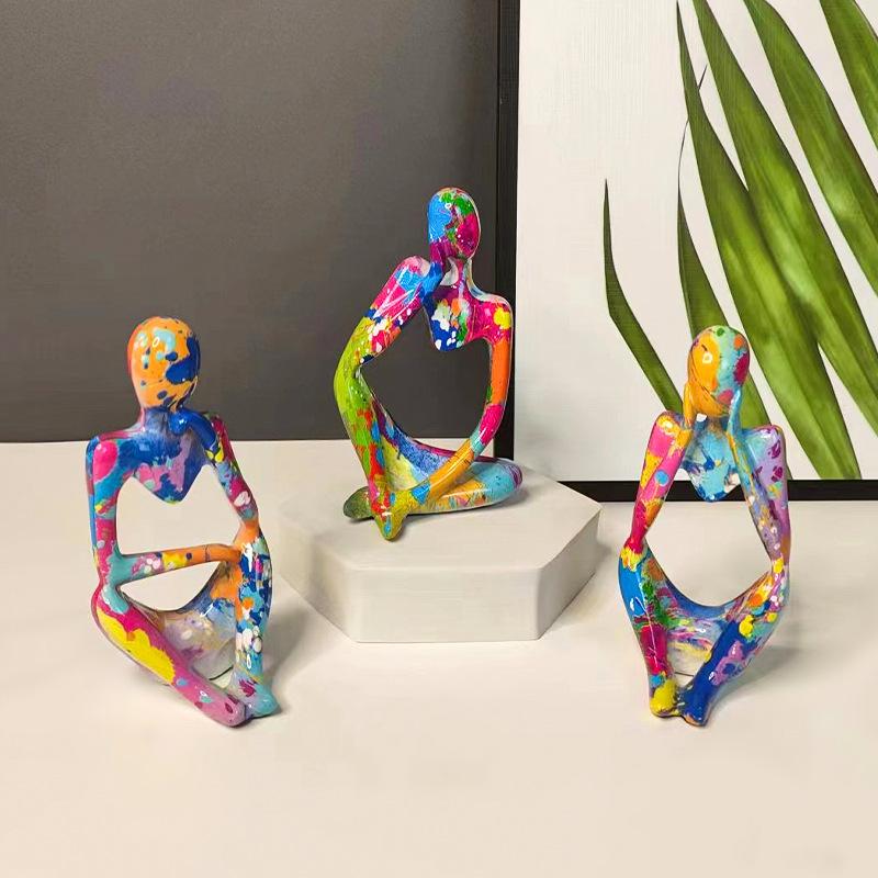 Resin Thinker Statue Colorful Art Abstract Sculpture, Modern Home Decor Accents Large Graffiti Collectible Figurines