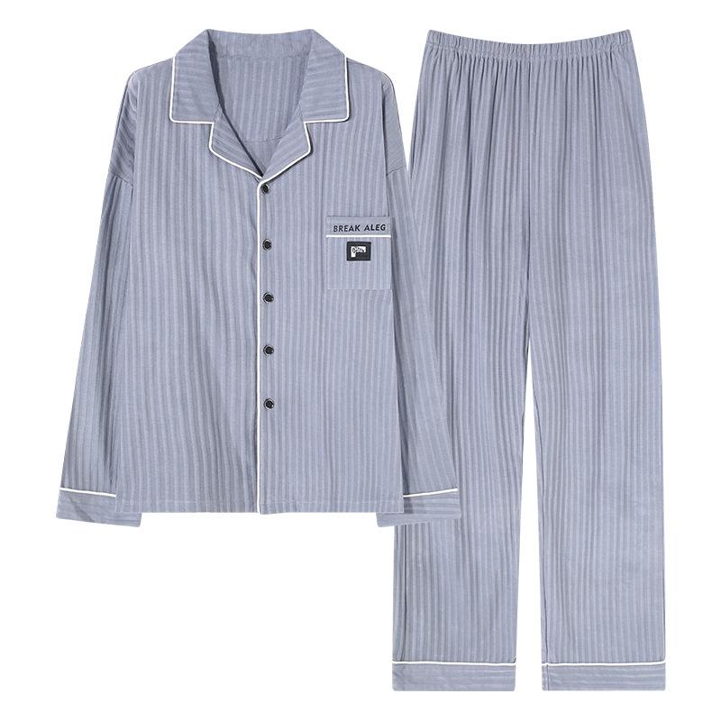 Pajamas Men'S Spring And Autumn Cotton Long Sleeve Autumn Cotton Cardigan Casual Suit Autumn Loungewear