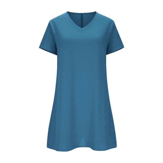 Summer Cotton Linen Dress for Women Casual Short Sleeve V Neck Mini T-Shirt Dress Loose A-line Short Sundress