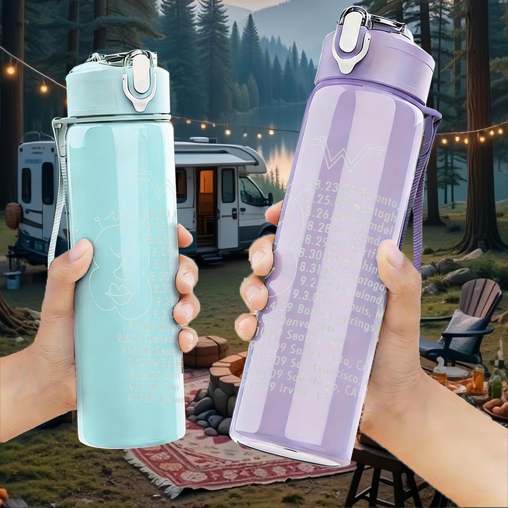 1PC Faint pale manuscript text print 750ml colorful plastic sports water bottle leakproof pop up lid with straw for outdoor work home use