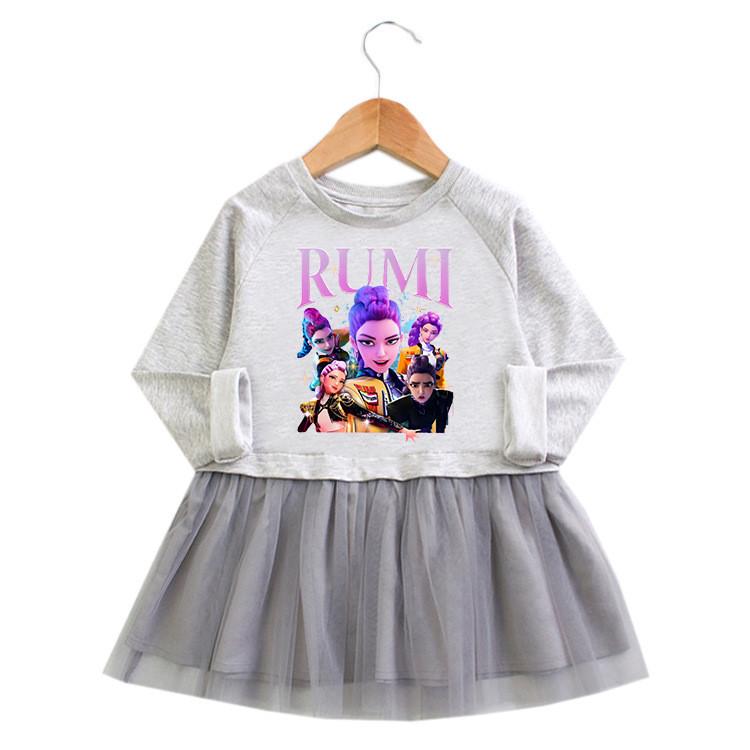 Girls Kpop Rumi Zoey Mira Hunters Print Pleat Fashion Mesh Dress