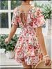 2025 European & American V-neck Floral Zipper Romper Dress