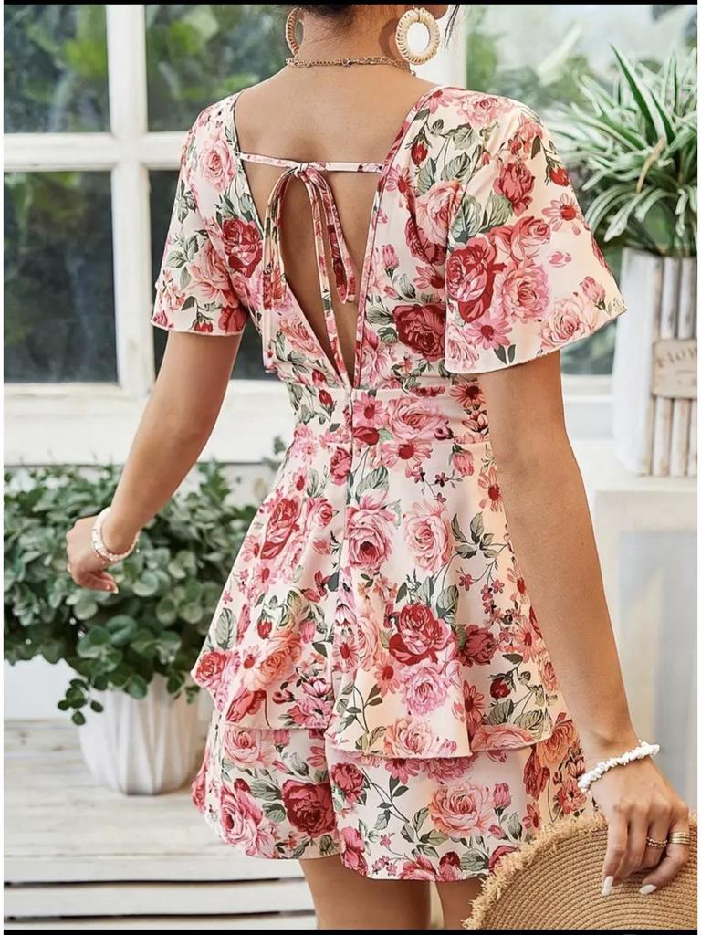 2025 European & American V-neck Floral Zipper Romper Dress