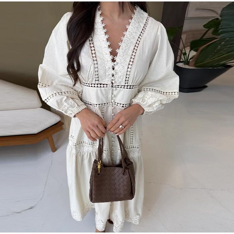 Elegant Lace Hollow Out Women's Long Dress Solid V-neck Patchwork Puff Sleeve Bodycon Dressess Female New Lady Robes
