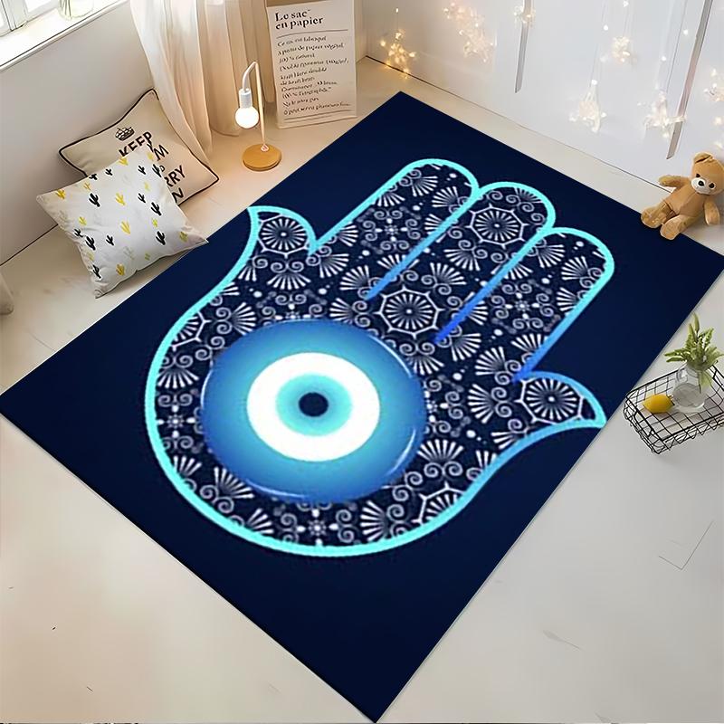 Blue Hamsa Evil Eye Pattern Carpet with Intricate Floral Design Suitable for Use As an Anti-slip for Living Room Bedroom Sofas