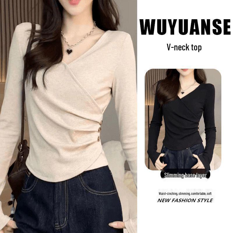 Plus Size Korean Style Autumn V-Neck Long Sleeve T-Shirt: Slimming, Flattering, Versatile, Flaw-Hiding Design for Women