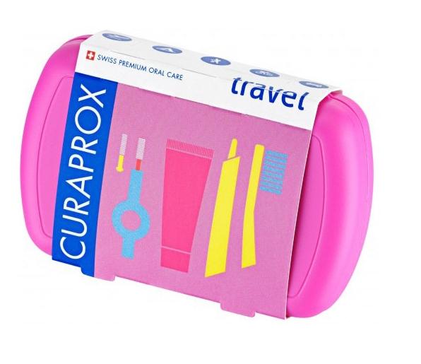 Curaprox Compact Travel Oral Hygiene Set - Pink, 6-Piece Kit