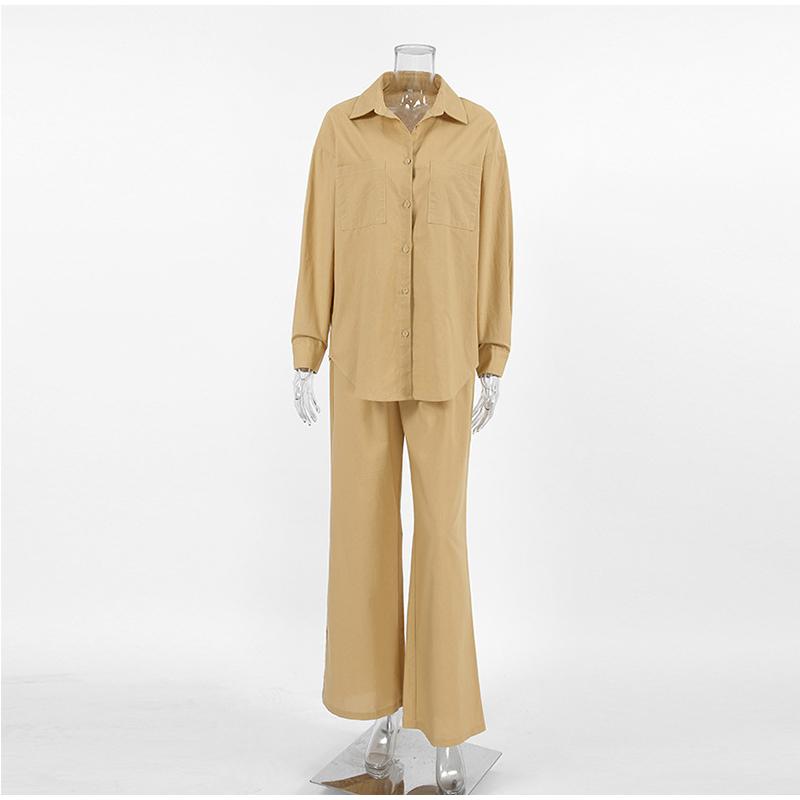

Женские рубашки с хлопковой подкладкой, комплекты брюк, повседневные однобортные брюки с карманами и отворотами, свободные брюки с талией, однотонный женский костюм 2025 года, весна-осень, женские наряды L хаки