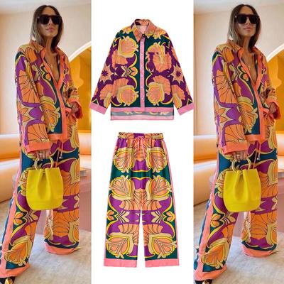 Women's Pajamas Set Satin Print Casual Shirt Trousers Home Wear Sexy Lapel Comfortable Loose Pajamas