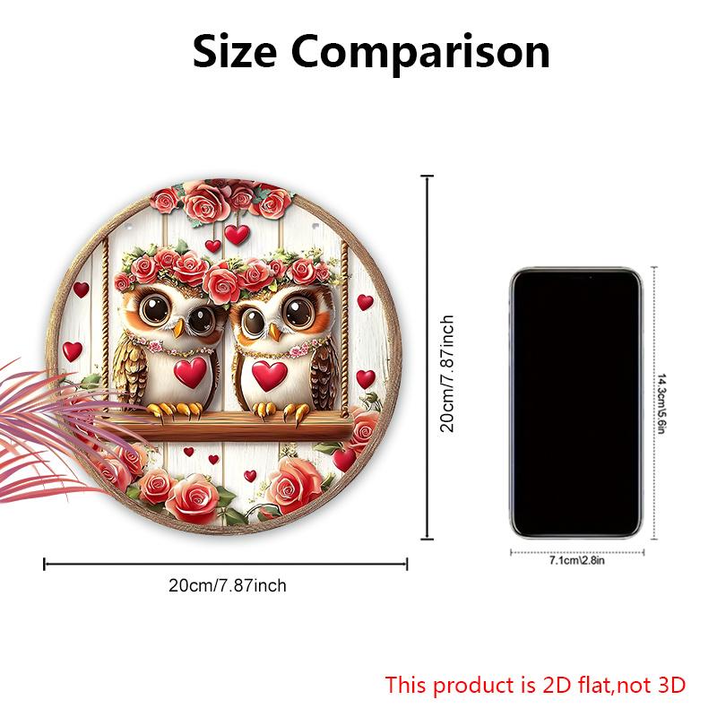 Valentine's Day Wooden Sign with Adorable Couple Owls & Rose Pattern, Round Sign for Front Door Wall Hanging Decor, Ideal Gift for Valentine