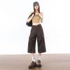 Fashion Summer Back Elastic Waist Brown Cropped Capri Cargo Wide Leg Pants For Women Trendy Versatile Loose Straight Slimming Daily Trousers